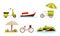 Asian Resort and Holiday Symbols with Urban Vehicles and Beach Umbrella Vector Set