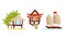 Asian Resort and Holiday Symbols with Water Transport and Beach Hut with Straw Roof Vector Set