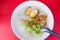 Asian rice soup, porridge, with pork ribs and brown boiled egg