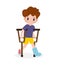 Asian sad kid injured with broken leg in gypsum. little children standing on crutches, cartoon teen disabled character broken leg