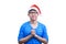 Asian Santa Claus man with eyeglasses and blue shirt has plead a