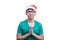 Asian Santa Claus man with eyeglasses and green shirt has plead