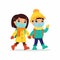 Asian schoolgirl and schoolboy going to school flat vector illustration.