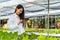 Asian scientist woman examined the quality of vegetable organic salad and lettuce from the farmer`s hydroponic farm