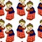 Asian seamless pattern, multicolored Chinese boys in national costumes greet each other