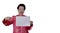 Asian seniior elder woman in Chinese new year red costume holding white board space holiday sale advertising