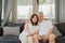 Asian senior couple relax at home. Asian Senior Chinese grandparents, husband and wife happy smile hug talking together while