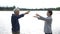 Asian Senior Elderly couple Practice Taichi, Qi Gong exercise ne