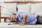 Asian senior man falling down lying on floor at home alone