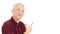 Asian senior pointing smiling on white isolate background