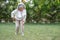 Asian Senior woman sitting or flop falling in garden park and having knee pain. kneel Arthritis pain concept. old female suffering