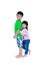 Asian sister standing and hugging his brother smiling happily, i