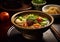 Asian soup in bowl with meat and vegetables.Macro.AI Generative