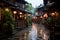 an asian street with lanterns and wooden buildings in the rain