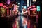 an asian street with neon lights and tables and chairs