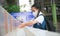 Asian student  washing hands at the outdoor wash basin in the school. Preventing Contagious diseases, Plague. Kids health,