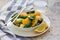 Asian style healthy spinach, avocado and orange salad with ginger-vinegar dressing, copy space
