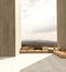 Asian style living room interior of high concrete walls with a view of the mountains. Design and interior decoration. 3d