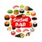 Asian sushi bar food, Japanese seafood rolls