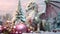The Asian symbol of 2024. Stylish Christmas card - cartoon modern pink dragon next to gifts, falling snow and trees