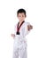 Asian Taekwondo boy posting on white