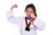 Asian taekwondo girl showing her gold meda