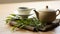 Asian tea concept white cups, teapot, tea set, chopsticks, dry green tea on bamboo mat