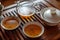 Asian tea set on wooden table. tea board, tea-table. Asian traditional culture.