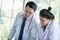 Asian teacher has teaching to student about science and anatomical in laboratory