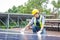 Asian technicians install panels Solar cells
