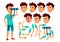 Asian Teen Boy Vector. Teenager. Funny, Friendship. Face Emotions, Various Gestures. Animation Creation Set. Isolated