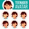 Asian Teen Girl Avatar Set Vector. Face Emotions. Expression, Positive Person. Beauty, Lifestyle. Cartoon Head