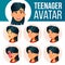 Asian Teen Girl Avatar Set Vector. Face Emotions. User, Character. Fun, Cheerful. Cartoon Head Illustration