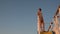 Asian teen standing on top of blue stair with yellow stripe