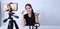 Asian teen woman sit in front of camera and live broadcasting