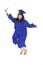Asian teenage in blue graduation gown and smiling and jumping