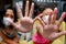 Asian Teenage Girls Wearing Medical Face Mask Making Stopping Signs  Gesture with Their Hands