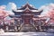 Asian temple at winter anime visual novel game. Generate Ai