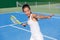 Asian tennis player woman playing hitting forehand