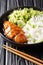 Asian teriyaki chicken recipe with rice side dish and salad close-up on a plate. vertical