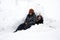 Asian thai people daughter and mother travel and posing for take photo with snow