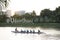 Asian thai people playing and practice sports paddle boat canoe in pond in dusk time of Nong Prajak Recreation Centre Public Park