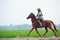 Asian Thai Warrior in traditional armor suit riding horse in rural farm background. Vintage Retro war costume concept