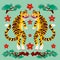 Asian Tiger symmetrical composition, vector tigers, and japanese pine branches and flowers in cartoon asian style