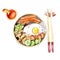 Asian traditional bowl. Watercolor tai, japanese food illustration set : chili sause, bowl with rice, mushrooms, carrot, meat, cuc