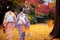 Asian traveller in kimono traditional dress walking in Autumn garden