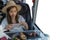 Asian traveller woman on a train with white isolated background