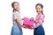 Asian twin sisters very happy hold a gift box