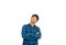 An Asian untidy man in blue plaid shirt is crossing his arms and looking up in the air thinking of something