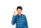 An Asian untidy man in blue plaid shirt is showing number one symbol by his fingers